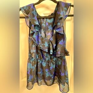 Express Black Floral Ruffle Sleeveless Top - Blue & Purple Print